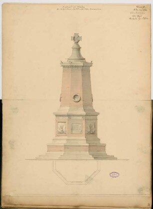 Gefallenendenkmal, Neiße Monatskonkurrenz Januar 1872: halber Grundriss, Aufriss Vorderansicht; Maßstabsleiste