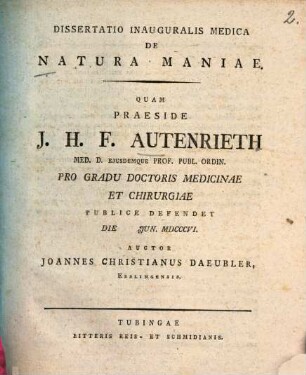 Dissertatio inauguralis medica de natura maniae