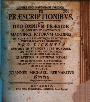 Dissertatio Inavgvralis Jvridica, De Præscriptionibvs