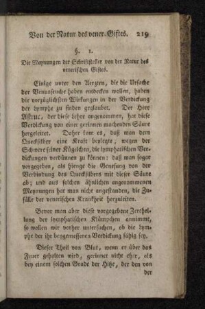 §. 1. Die Meynungen der Schriftsteller von der Natur des venerischen Giftes.