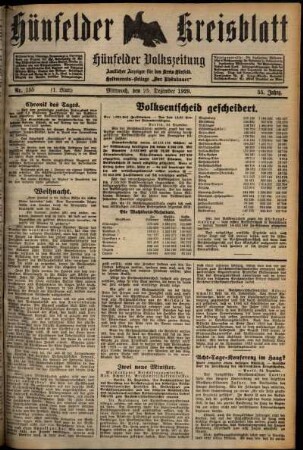 Erste Ausgabe vom Mittwoch, den 25. Dezember 1929.