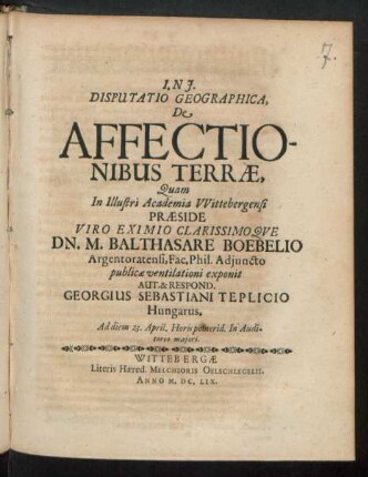 Disputatio Geographica, De Affectionibus Terrae