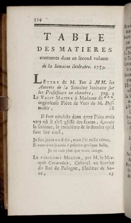 Table Des Matières contenues dans ce second volume de la Semaine littéraire 1759