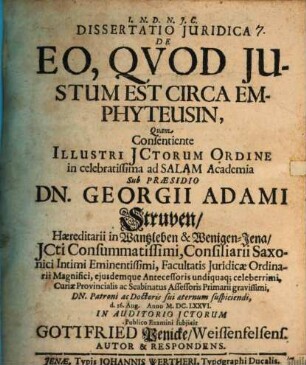 Diss. iur. de eo quod iustum est circa emphyteusin