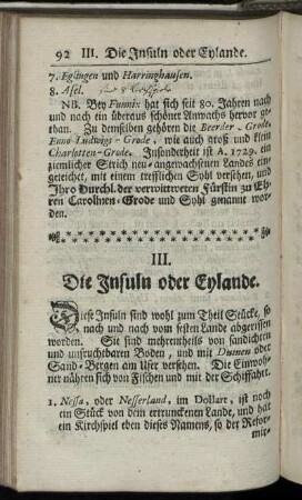 III. Die Insuln oder Eylande.