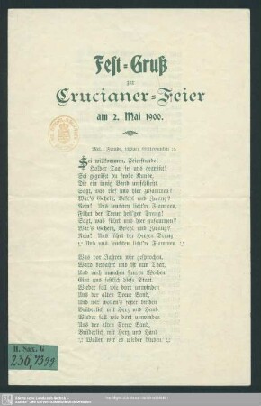 Fest-Gruß zur Crucianer-Feier am 2. Mai 1900