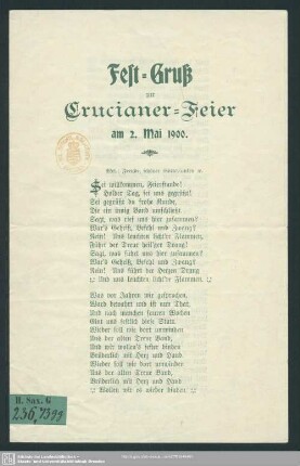 Fest-Gruß zur Crucianer-Feier am 2. Mai 1900