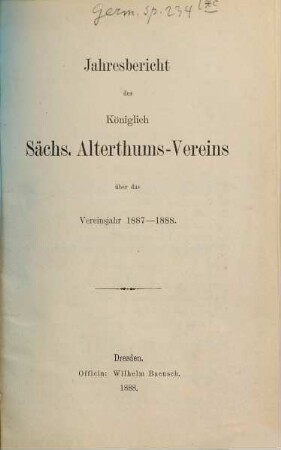 Jahresbericht des Sächsischen Altertumsvereins. 63. 1887/88