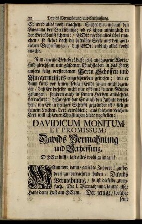 Davidicum Monitum Et Promissum; Davids Vermahnung und Verheissung.