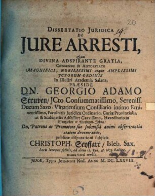Dissertatio juridica de jure arresti