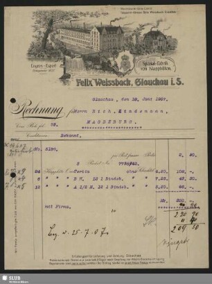 Felix Weissbach, Glauchau i. S., Spezial-Fabrik von Klapphüten : Rechnung