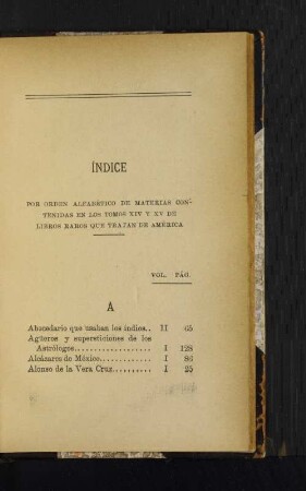 Índice por orden alfabético de materias contenidas en los tomos XIV y XV de libros raros que tratan de América
