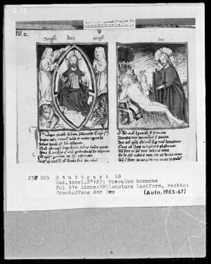 Zwei Schriften — Speculum humanae salvationis — Textseite mit zwei Miniaturen, Folio 51verso