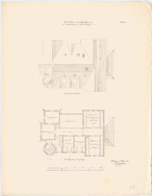 Landgut Treutler, Neu-Weißstein Landhaus: Grundriss Dachgeschoss, Dachaufsicht, 2 Maßstabsleisten (s. Anm.)