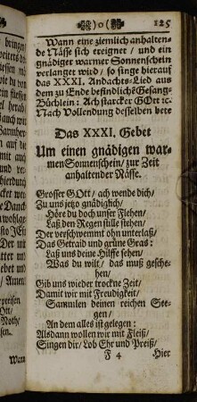 Das XXXI. Gebet Um einen gnädigen warmen Sonnenschein/ zur Zeit anhaltender Nässe. - Das XXXII. Danck-Gebet. Für einen gnädigen Sonnenschein.