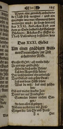 Das XXXI. Gebet Um einen gnädigen warmen Sonnenschein/ zur Zeit anhaltender Nässe. - Das XXXII. Danck-Gebet. Für einen gnädigen Sonnenschein.