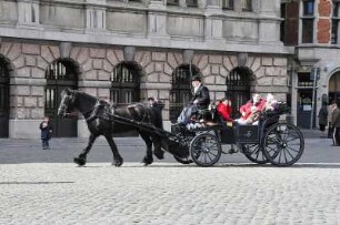 Antwerpen - Kutsche vor dem Rathaus : Eine Kutsche mit Touristen fährt über den Großen Markt. Aufgenommen in Antwerpen am 3. April 2010