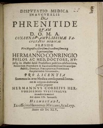 Disputatio Medica Inauguralis De Phrenitide