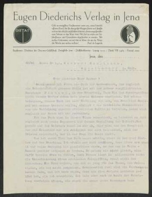 Brief von Eugen Diederichs von Eugen-Diederichs-Verlag  an Gerhart Hauptmann