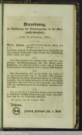 Verordnung, die Einführung des Gewerbegesetzes in der Oberlausitz betreffend; vom 15. October 1861