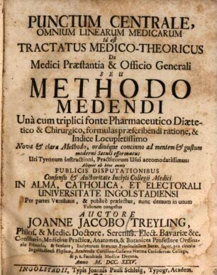 Punctum Centrale, Omnium Linearum Medicarum : Id est Tractatus Medico-Theoricus De Medici Præstantia & Officio Generali Seu Methodo Medendi Unà cum triplici fonte Pharmaceutico Diætetico & Chirurgico, formulas præscribendi ratione, & Indice Locupletissimo Nova & clara Methodo, ordinéque concinno ad mentem & gustum moderni Sæculi efformatus Uti Tyronum instructioni, Practicorum Usui accomodatissimus: ...