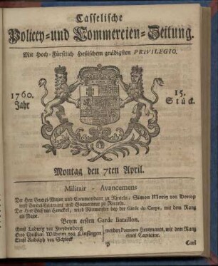 15. Stueck, Montag den 7ten April 1760
