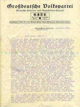 Persönlicher Brief auf einem Kopfbogen der Großdeutschen Volkspartei (Deutsche Arbeiter- und Angestellten-Partei)