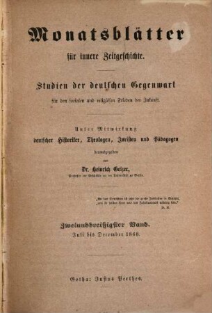 Monatsblätter für innere Zeitgeschichte : Studien d. deutschen Gegenwart für d. socialen u. religiösen Frieden d. Zukunft. 32, 32. 1868