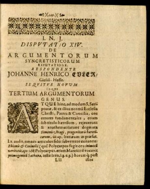 Disputatio XIV. De Argumentorum Syncretisticorum Refutatione ...