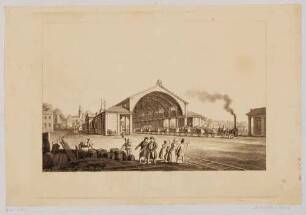 Die Abfahrtshalle des Leipziger Bahnhofes zwischen der Leipziger Straße und Eisenbahnstraße in Dresden-Neustadt, 1839 eingeweiht, Blick nach Süden.