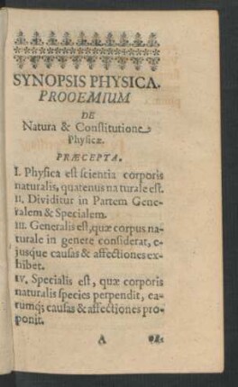 Synopsis Physica. Prooemium De Natura & Constitutione Physicae.