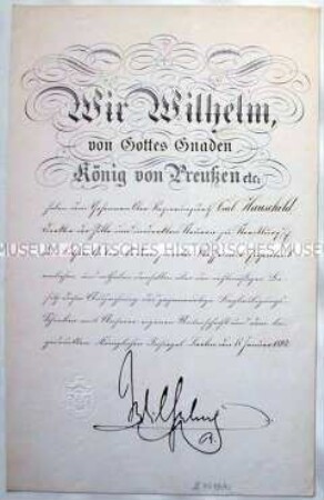 Verleihungsurkunde zum Roten Adler Orden, zweiter Klasse für Karl Hauschild; Berlin, 18. Januar 1892