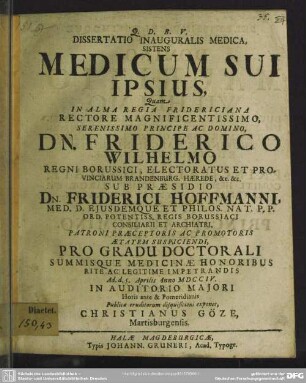 Dissertatio Inauguralis Medica Sistens Medicum Sui Ipsius