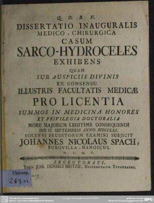 Dissertatio Inauguralis Medico-Chirurgica Casum Sarco-Hydroceles Exhibens