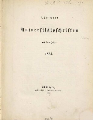 Tübinger Universitätsschriften. 1884