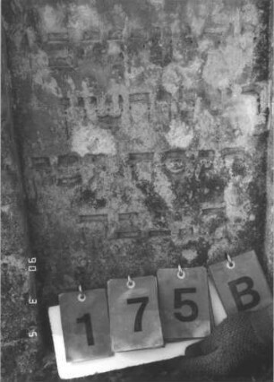 Grabstein 175 (Index: 99608860) Material: Sandstein Zustand: leicht verwittert Maße HxBxT: 114x59x11 cm Beschreibung: Stele, geschweifter Abschluß, Schriftfeld eingetieft Symbolik: Blume: Grabstein 175B