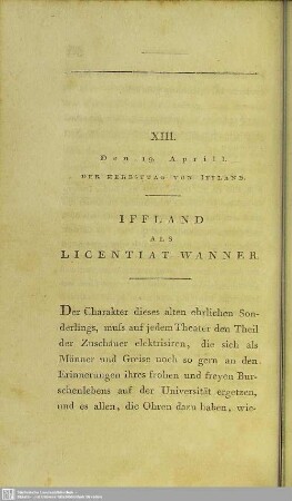 XIII. Den 19. Aprill. Der Herbsttag Von Iffland. Iffland Als Licentiat Wanner