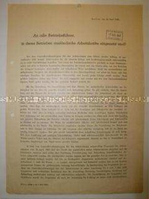 Rundschreiben an Betriebsführer mit ausländischen Zwangsarbeitern