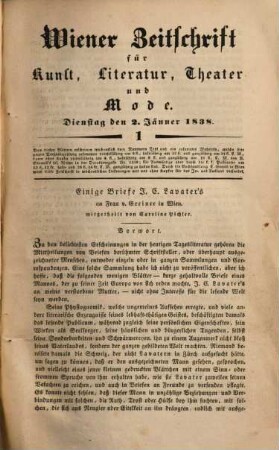 Wiener Zeitschrift für Kunst, Literatur, Theater und Mode. 1838,1/2, 1838,[1/2] = Jg. 23