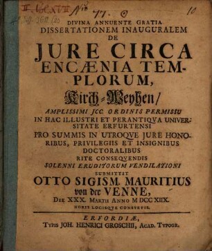 Divina Annuente Gratia Dissertationem Inauguralem De Jure Circa Encaenia Templorum, Kirch-Weyhen
