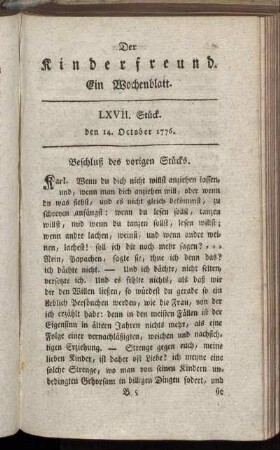 LXVII. Stück den 14. October 1776