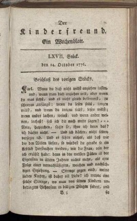 LXVII. Stück den 14. October 1776