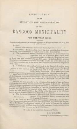 Resolution on the report on the administration of the Rangoon municipality for the year 1901-02