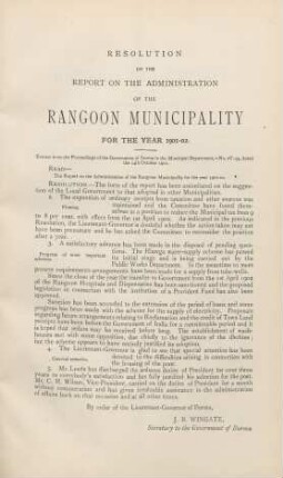 Resolution on the report on the administration of the Rangoon municipality for the year 1901-02