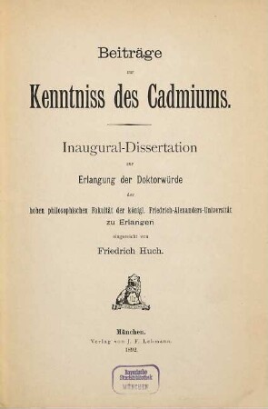 Beiträge zur Kenntniss des Cadmiums ...