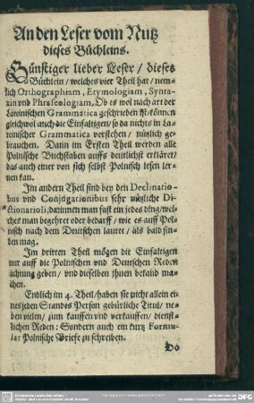 An den Leser vom Nutz dieses Büchleins