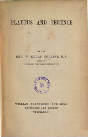 Plautus and Terence : [Titus Maccius Plautus; Publius Terentius Afer]