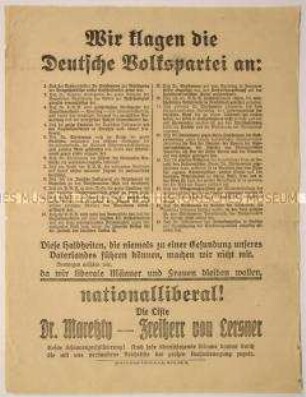 Gegen die Deutsche Volkspartei gerichteter programmatischer Wahlaufruf der Nationalliberalen zur Unterstützung der Liste Maretzky / von Lersner anlässlich der Reichstagswahl