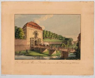 Das Pirnaische Tor (Pirnaischer Platz, Landhausstraße) in Dresden vor der Demolierung 1820 mit Stadtgraben, Blick nach Nordwesten