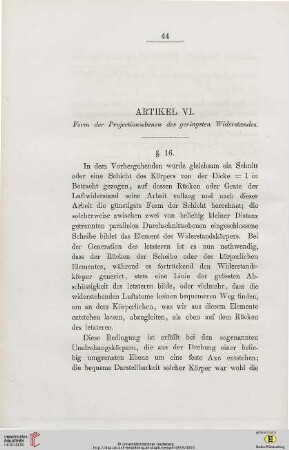 Artikel VI: Form der Projectionsebenen des geringsten Widerstandes